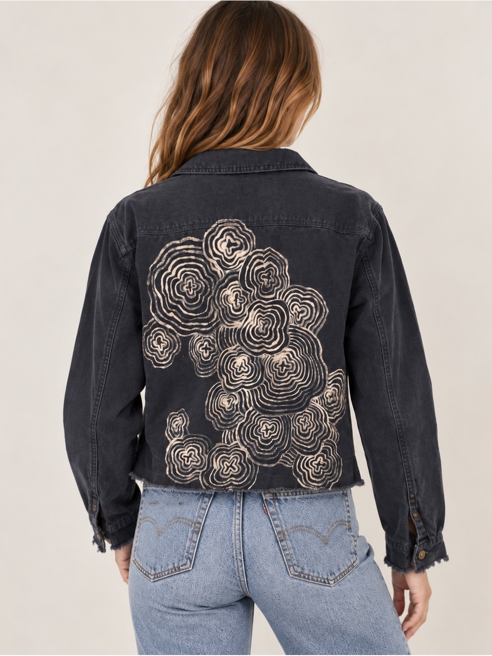Custom G.H. Bass Black Bleach Art Cropped Jacket Workwear Raw Hem